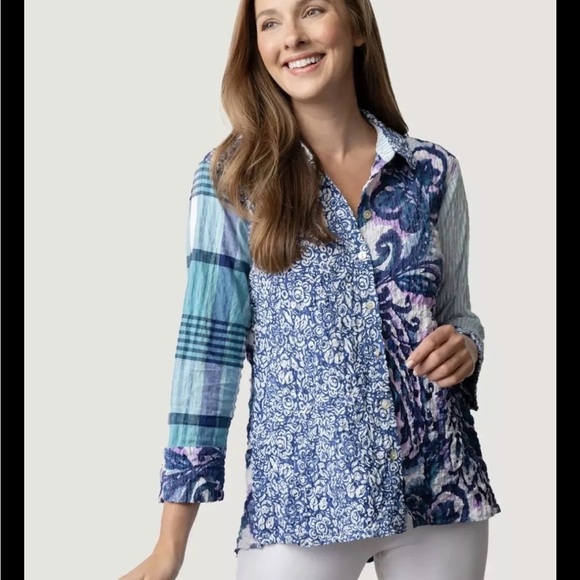 Habitat Stir It Up Button Front Shirt Mixed Print Art To Wear Blue - Picture 1 of 10